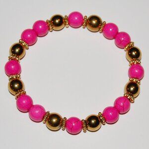 Pink and Gold Bracelet,Stone and Golden 8mm Beads,Handmade Bracelet